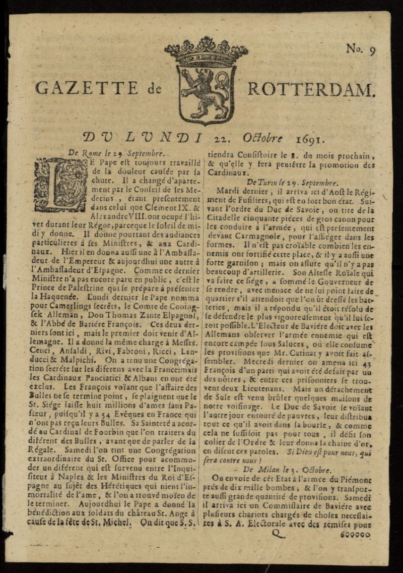 Gazette de Rotterdam del 22 de octubre de 1691, n 9