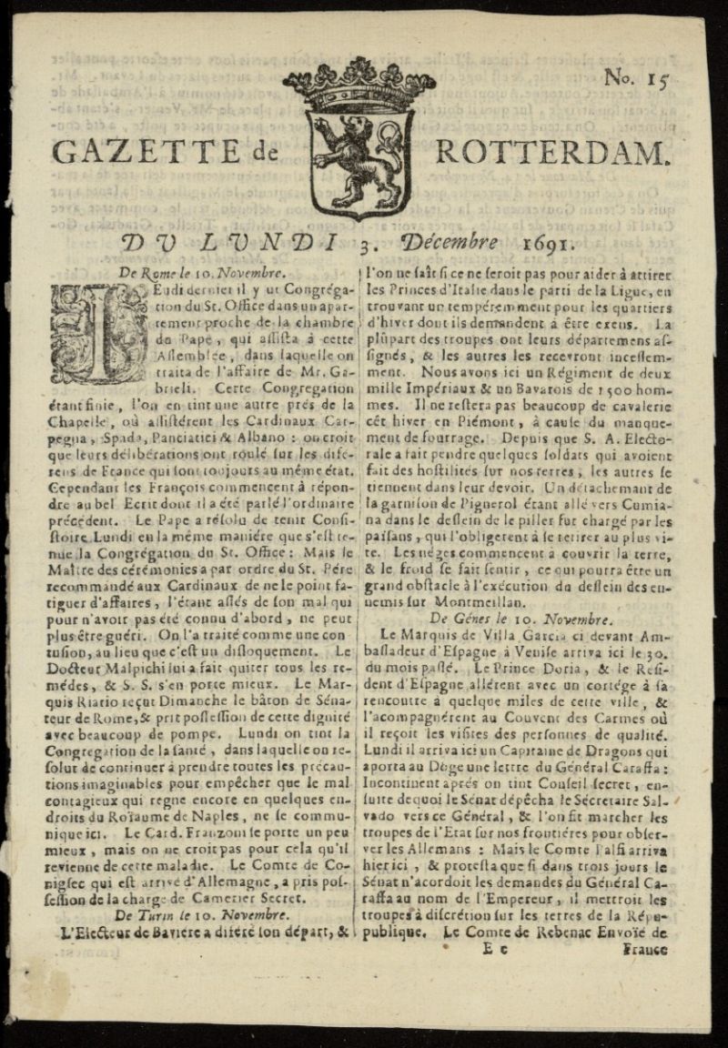 Gazette de Rotterdam del 3 de diciembre de 1691, n 15