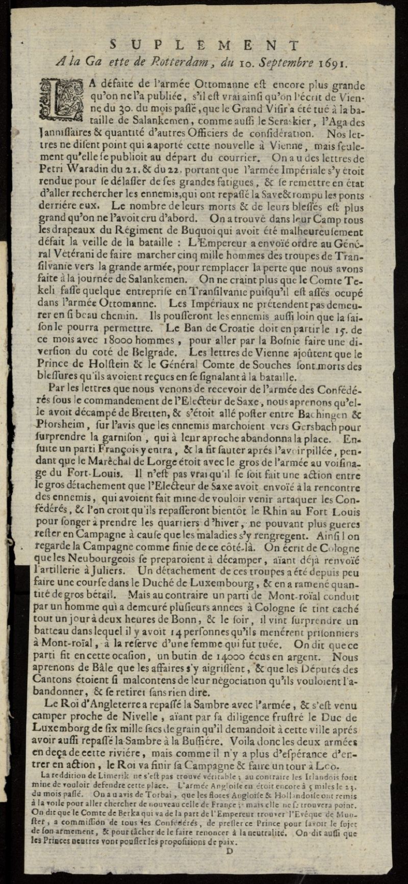 Gazette de Rotterdam del 10 de septiembre de 1691, suplemento al n  3