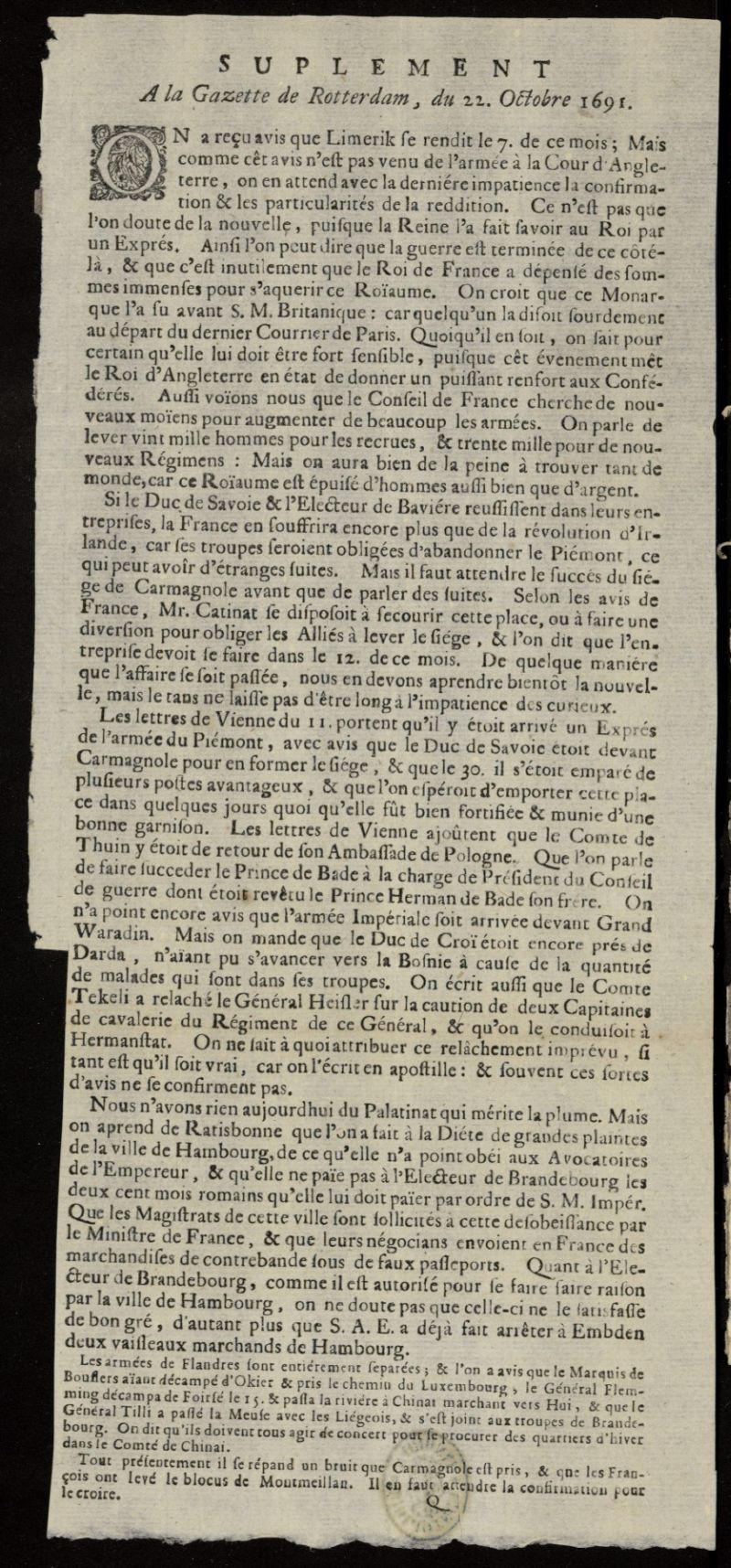 Gazette de Rotterdam del 22 de octubre de 1691, suplemento al n 9