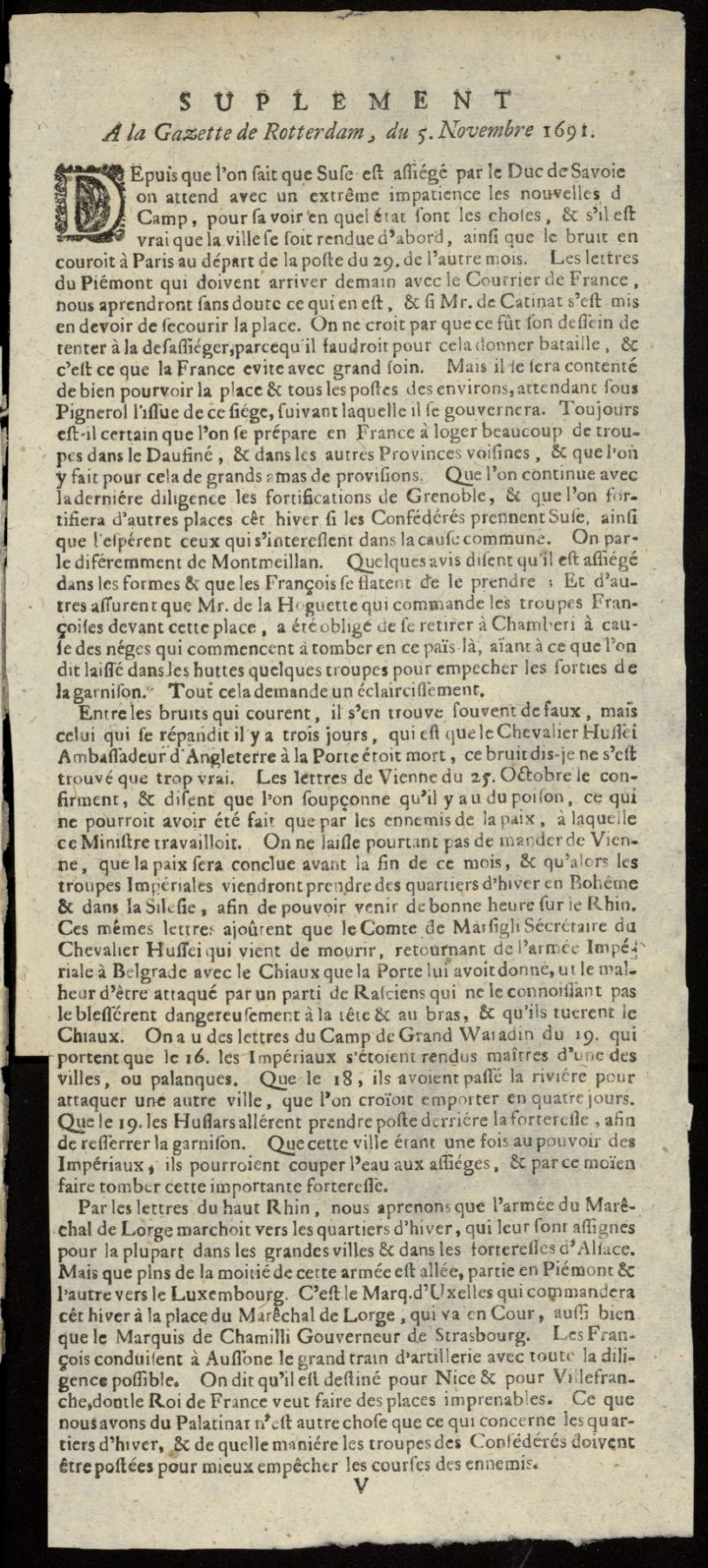 Gazette de Rotterdam del 5 de noviembre de 1691, suplemento al n 11