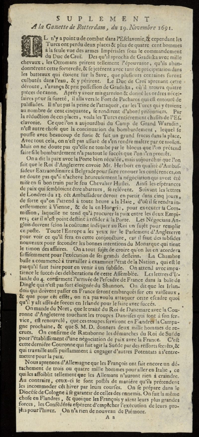 Gazette de Rotterdam del 19 de noviembre de 1691, suplemento s/n
