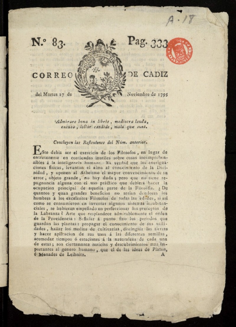 Correo de Cdiz del 17 de noviembre de 1795, n 83