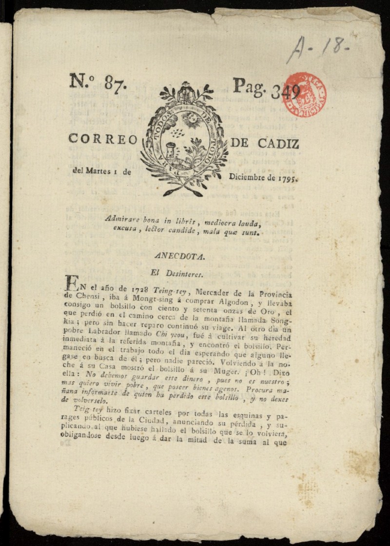 Correo de Cdiz del 1 de diciembre de 1795, n 87