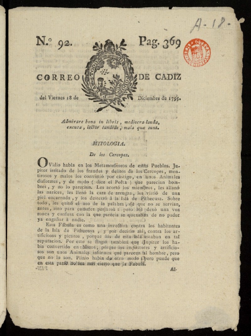 Correo de Cdiz del 18 de diciembre de 1795, n 92