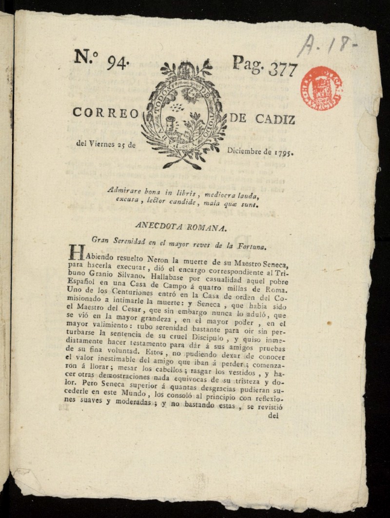 Correo de Cdiz del 25 de diciembre de 1795, n 94