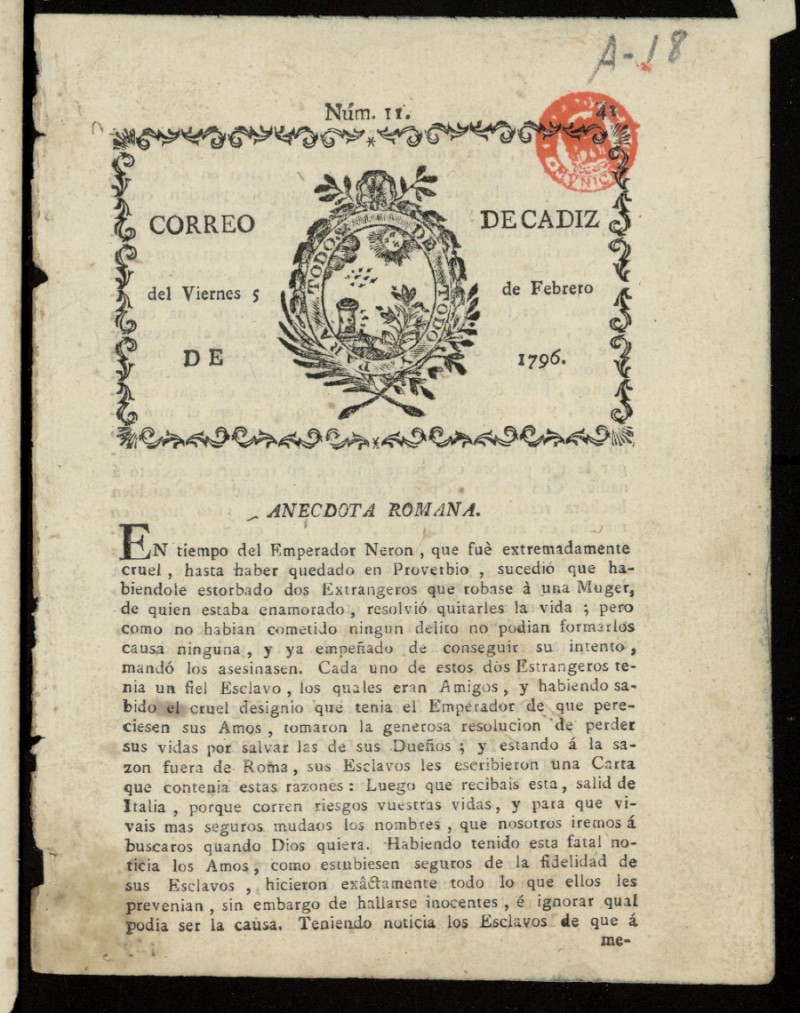 Correo de Cdiz del 5 de febrero de 1796, n 11