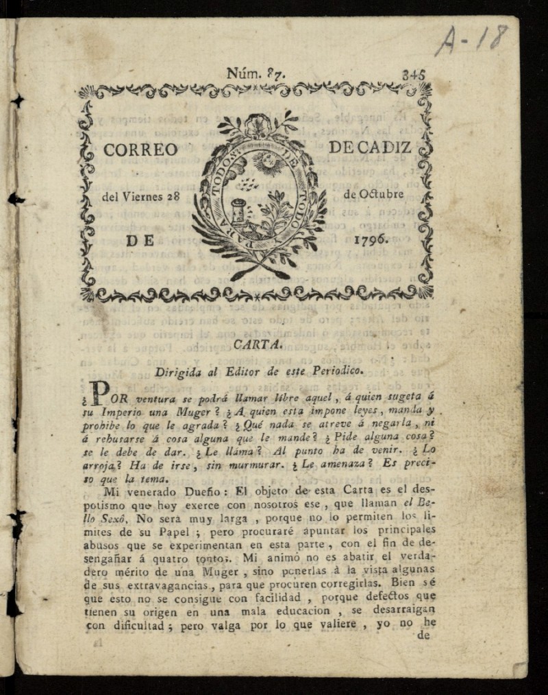 Correo de Cdiz del 28 de octubre de 1796, n 87