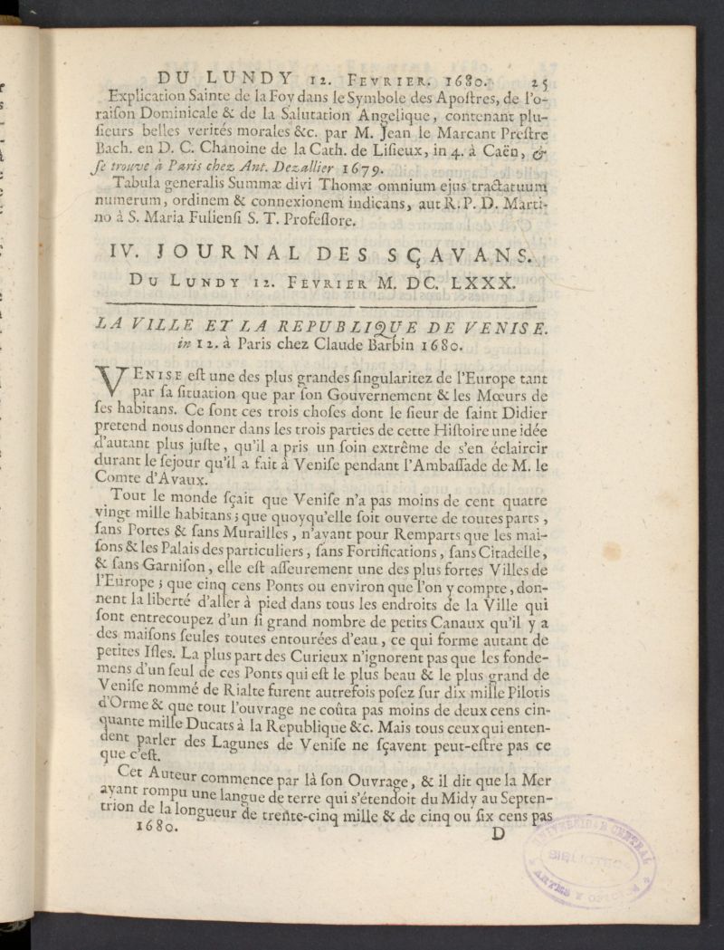 Le Journal des Savans pour lanne del 12 de febrero de 1680, n 4