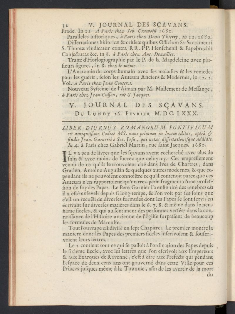 Le Journal des Savans pour lanne del 26 de febrero de 1680, n 5