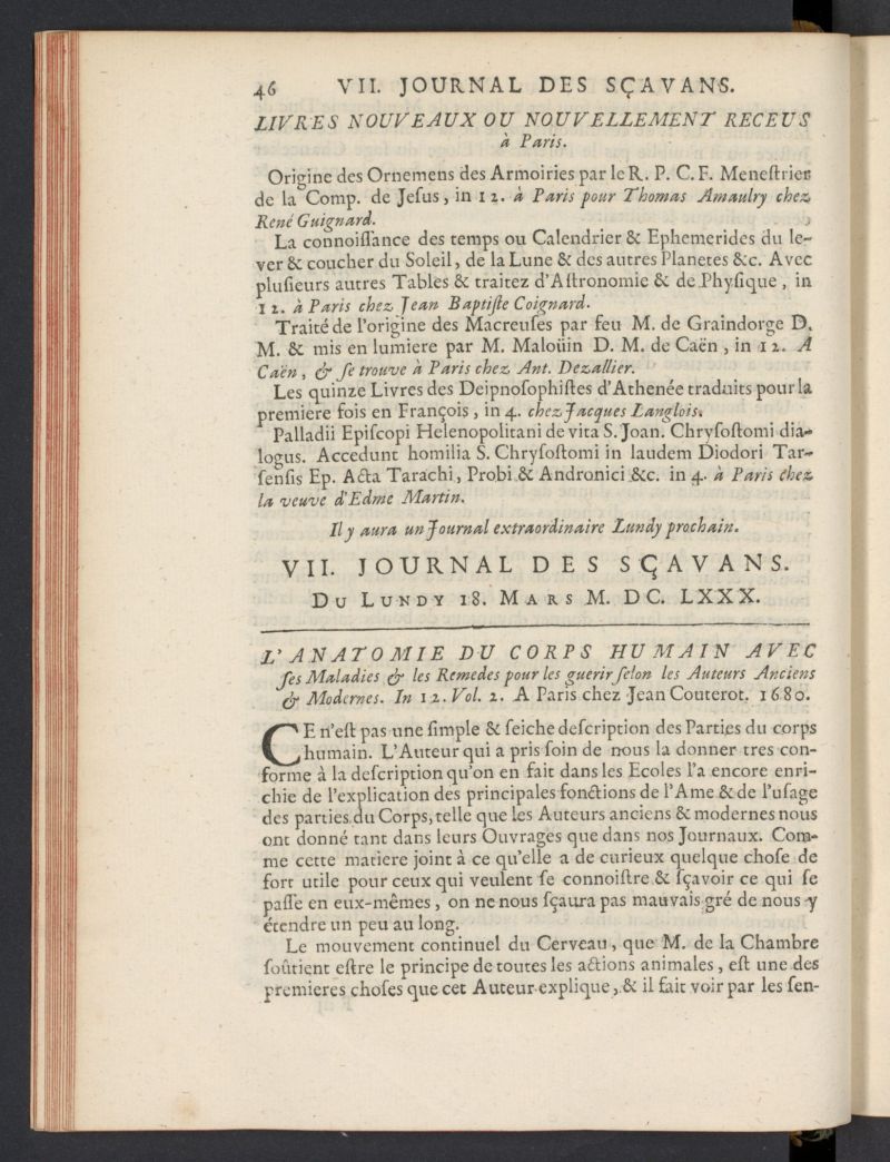 Le Journal des Savans pour lanne del 18 de marzo de 1680, n 7