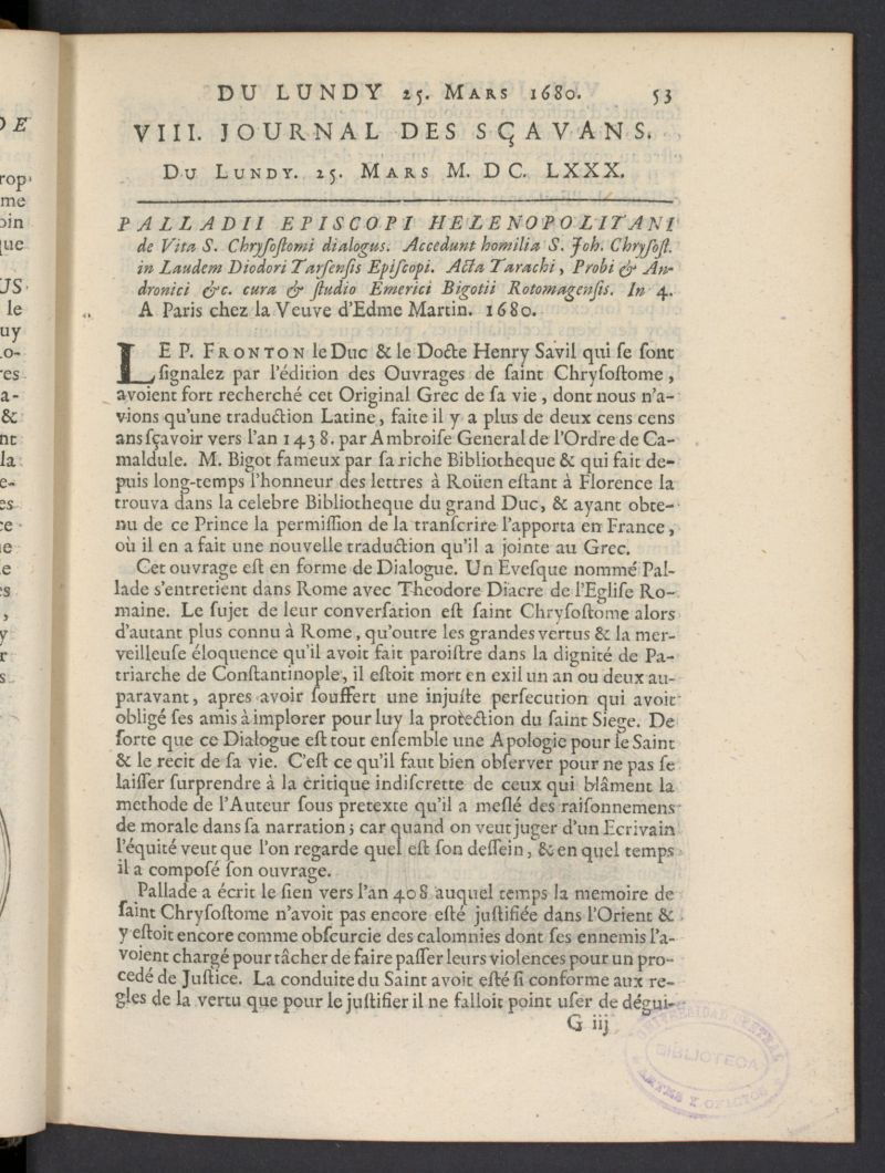 Le Journal des Savans pour lanne del 25 de marzo de 1680, n 8