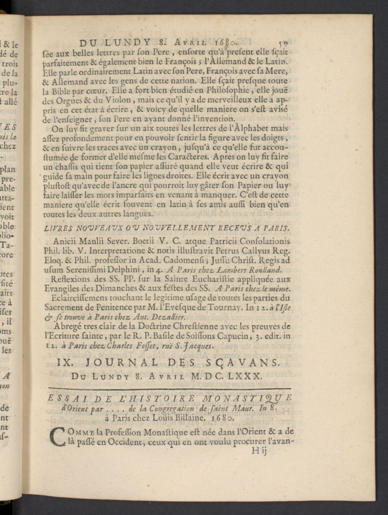 Le Journal des Savans pour lanne del 8 de abril de 1680, n 9