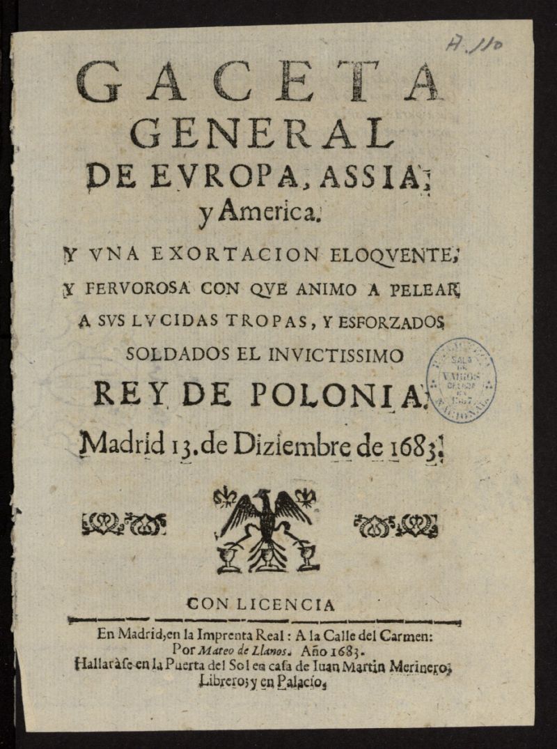 Gaceta General de Evropa, Assia, y America del 13 de diciembre de 1683