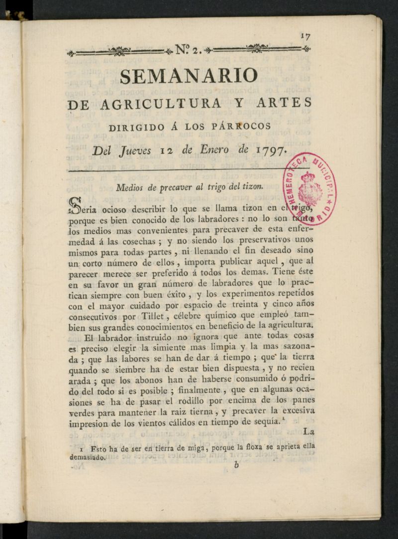 Semanario de Agricultura y Artes dirigido a los prrocos del 12 de enero de 1797, n 2