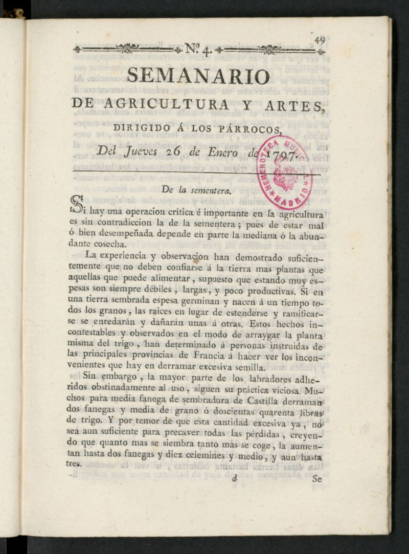 Semanario de Agricultura y Artes dirigido a los prrocos del 26 de enero de 1797, n 4