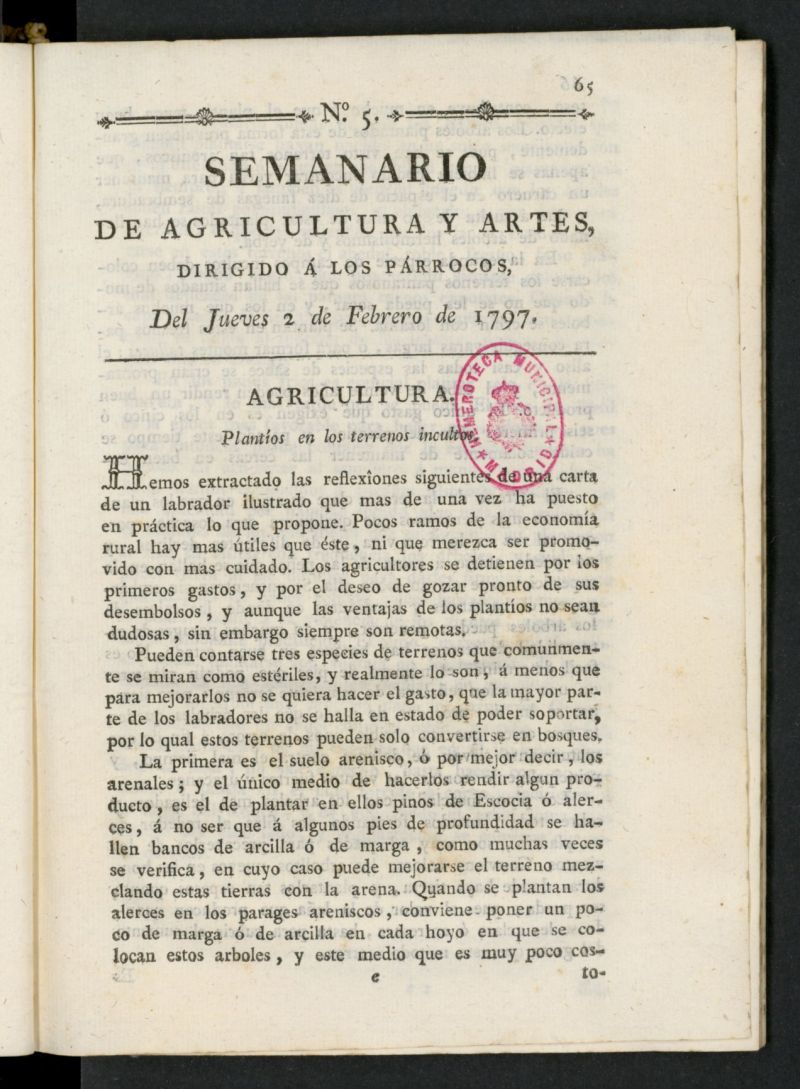 Semanario de Agricultura y Artes dirigido a los prrocos del 2 de febrero de 1797, n 5