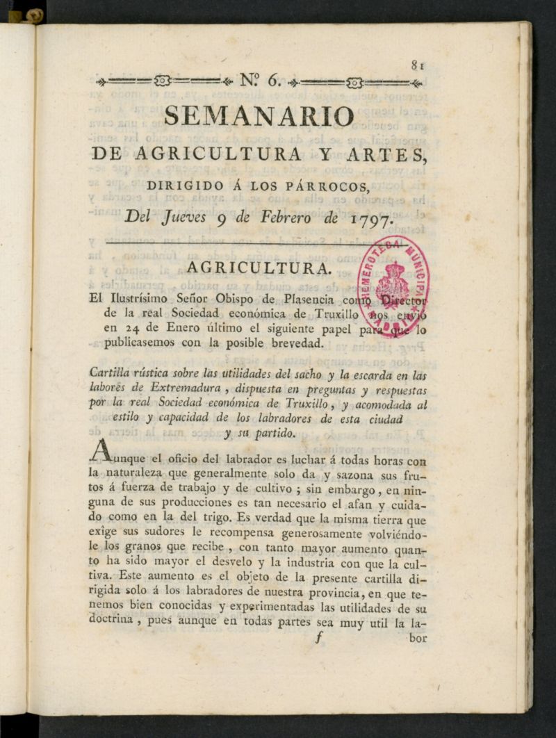 Semanario de Agricultura y Artes dirigido a los prrocos del 9 de febrero de 1797, n 6
