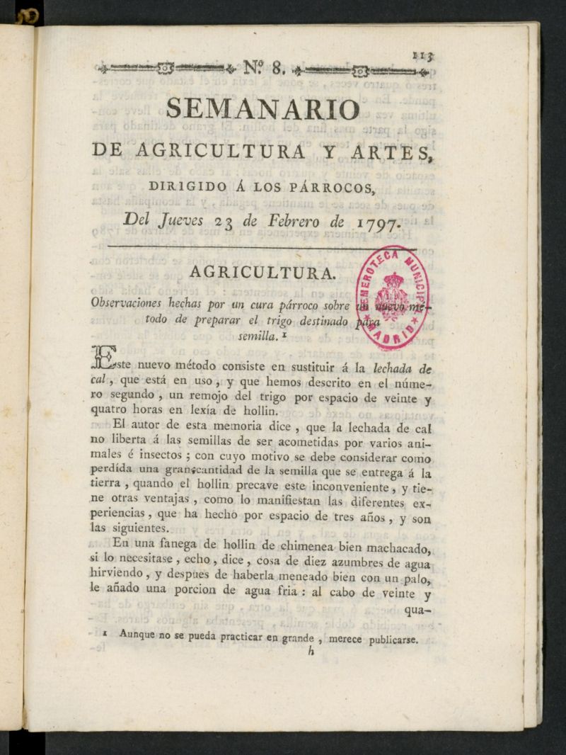 Semanario de Agricultura y Artes dirigido a los prrocos del 23 de febrero de 1797, n 8