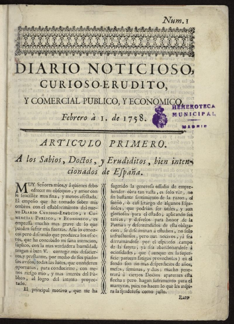 Diario Noticioso, Curioso-Erudito y Comercial del 1 de febrero de 1758, n 1