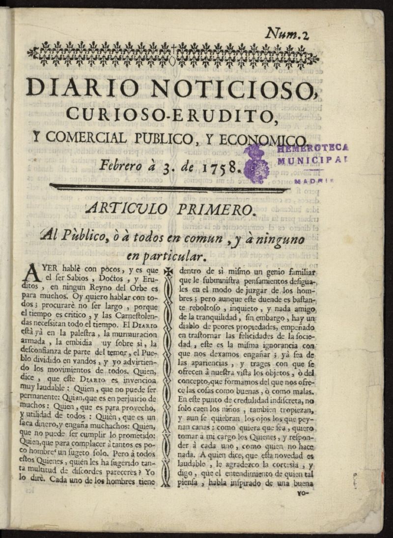 Diario Noticioso, Curioso-Erudito y Comercial del 3 de febrero de 1758, n 2