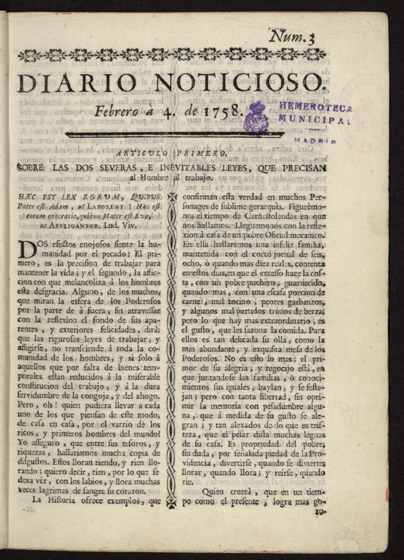 Diario Noticioso, Curioso-Erudito y Comercial del 4 de febrero de 1758, n 3