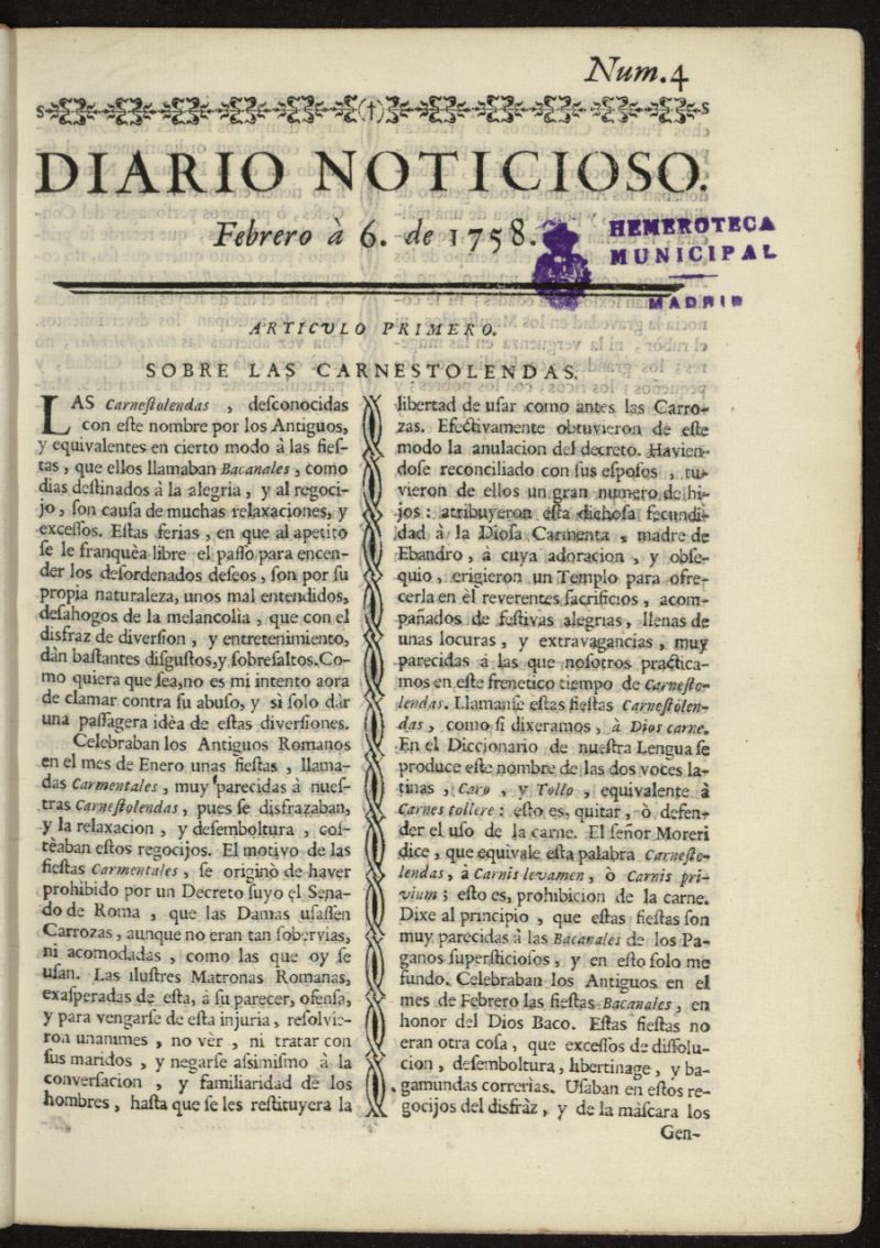 Diario Noticioso, Curioso-Erudito y Comercial del 6 de febrero de 1758, n 4