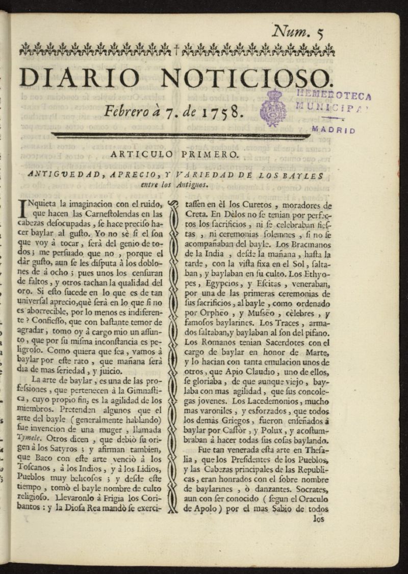 Diario Noticioso, Curioso-Erudito y Comercial del 7 de febrero de 1758, n 5
