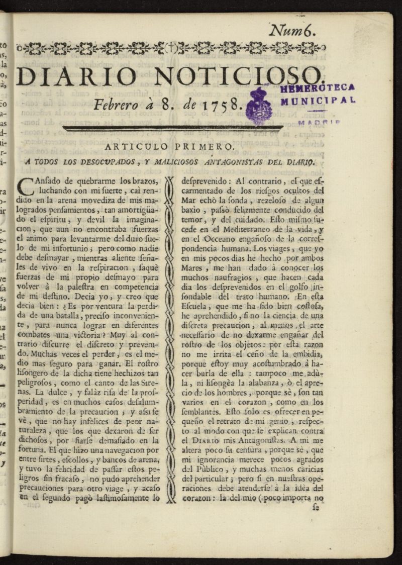 Diario Noticioso, Curioso-Erudito y Comercial del 8 de febrero de 1758, n 6