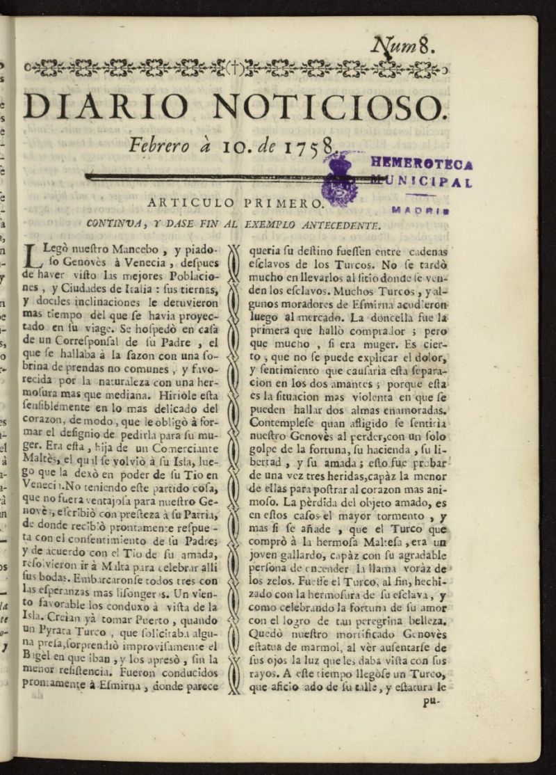 Diario Noticioso, Curioso-Erudito y Comercial del 10 de febrero de 1758, n 8