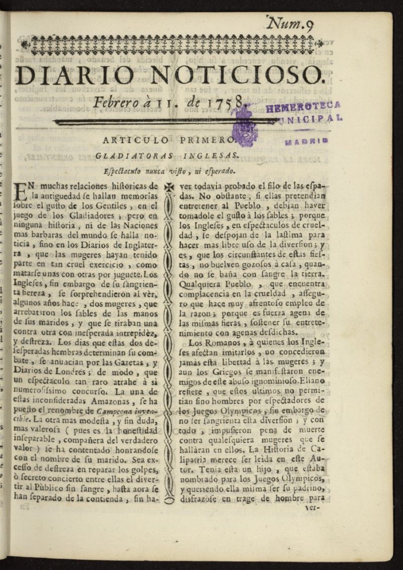 Diario Noticioso, Curioso-Erudito y Comercial del 11 de febrero de 1758, n 9