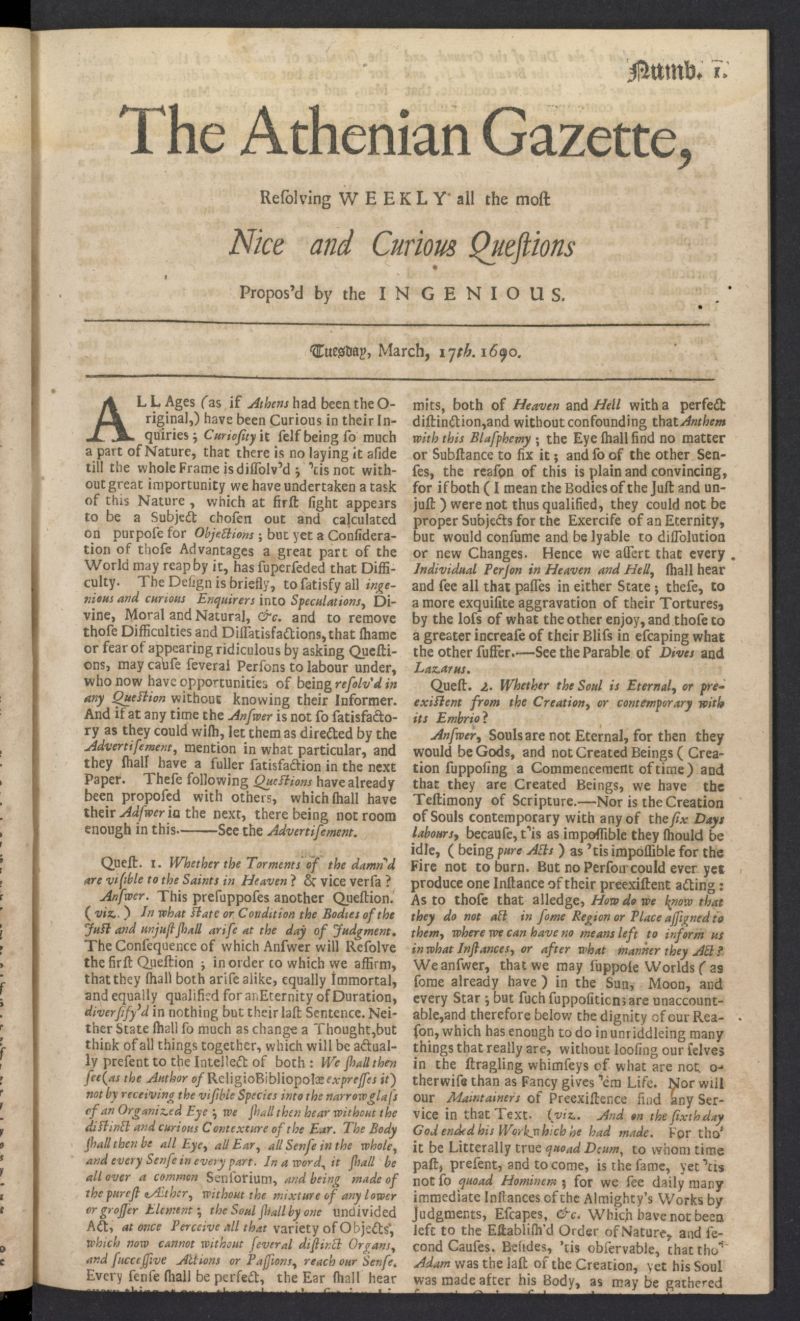 The Athenian Gazette or Casuistical Mercury del 17 de marzo de 1690 [sic], n 1