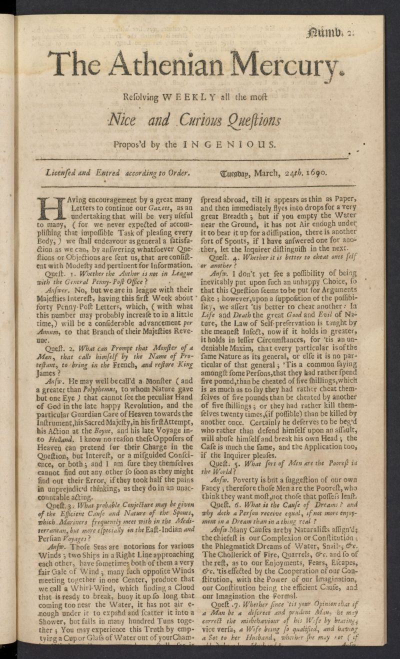 The Athenian Gazette or Casuistical Mercury del 24 de marzo de 1690 [sic], n 2