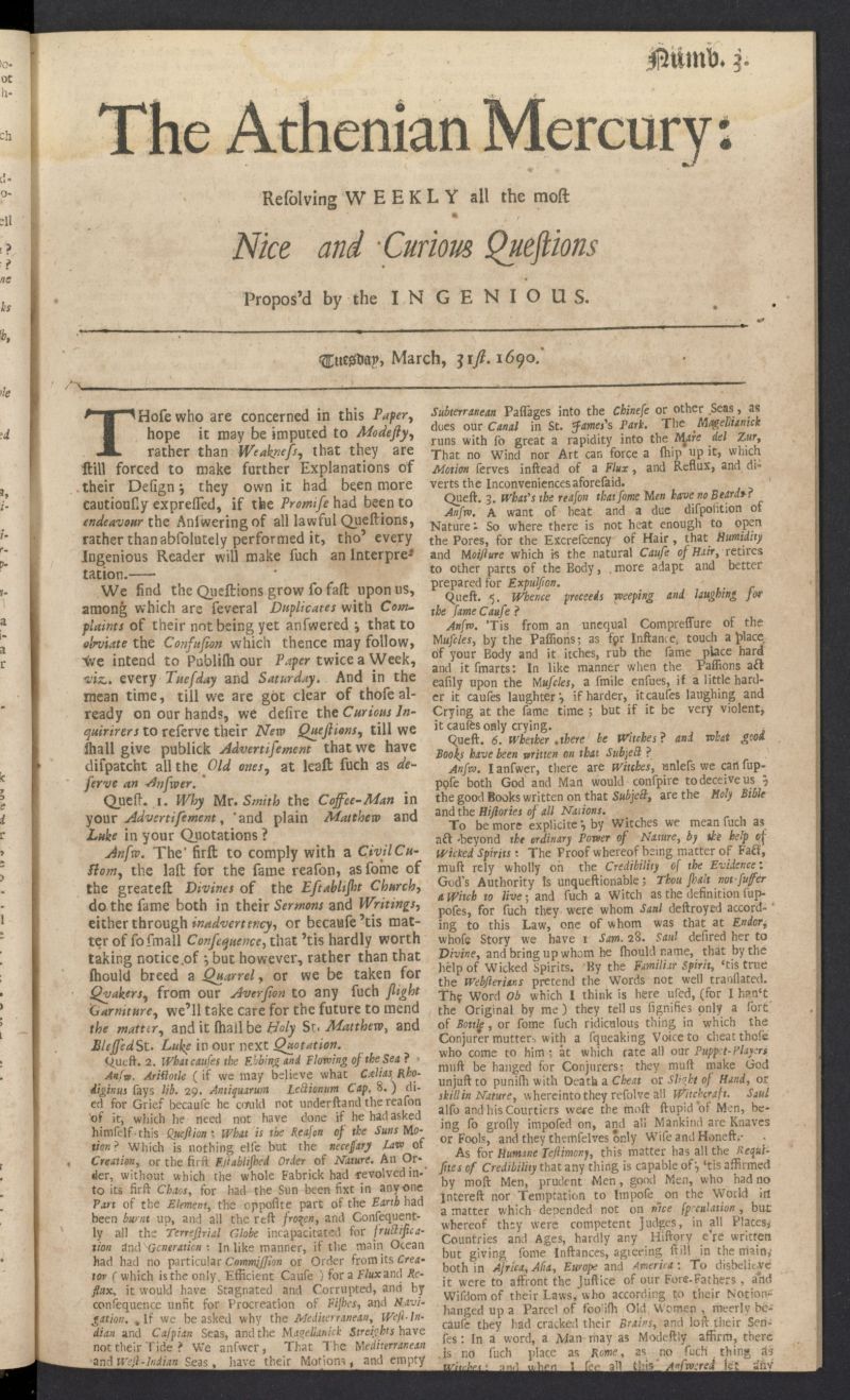 The Athenian Gazette or Casuistical Mercury del 31 de marzo de 1690 [sic], n 3
