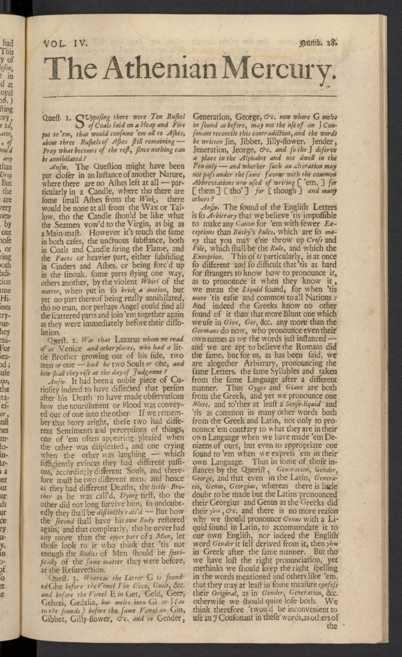 The Athenian Gazette or Casuistical Mercury. Tomo IV de 1691, n 28