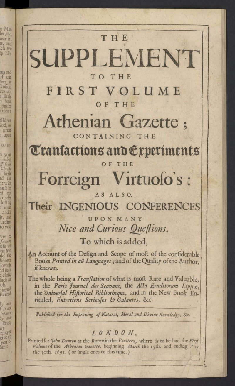 The Athenian Gazette or Casuistical Mercury de 1691, suplemento al tomo 18
