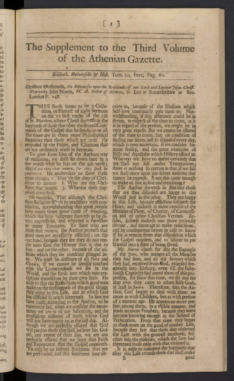 The Athenian Gazette or Casuistical Mercury de 1691 , suplemento al tomo 20