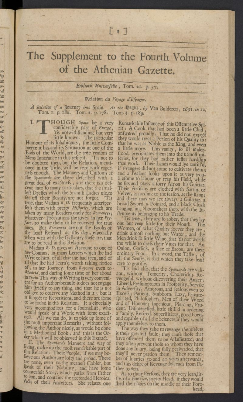 The Athenian Gazette or Casuistical Mercury de 1691 , suplemento al tomo 21