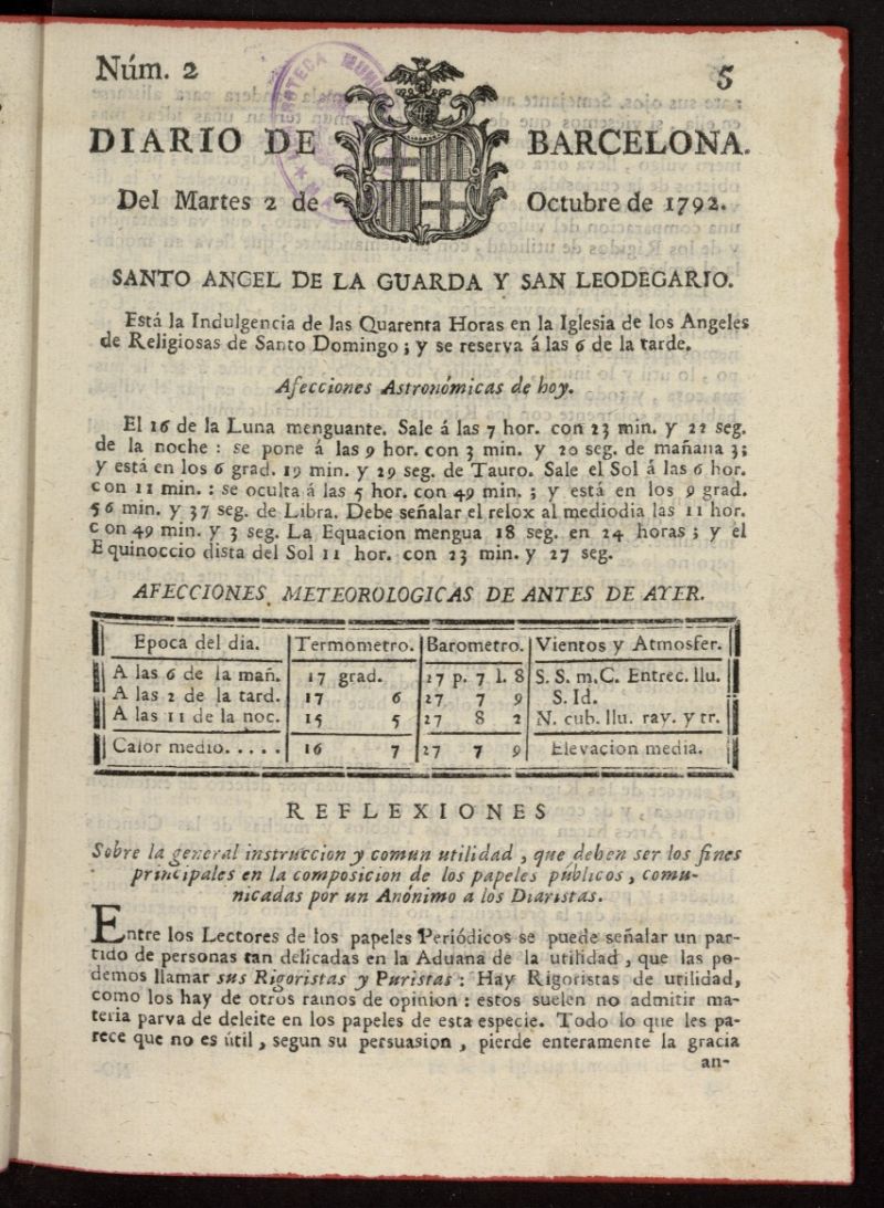 Diario de Barcelona del 2 de octubre de 1792, nº 2