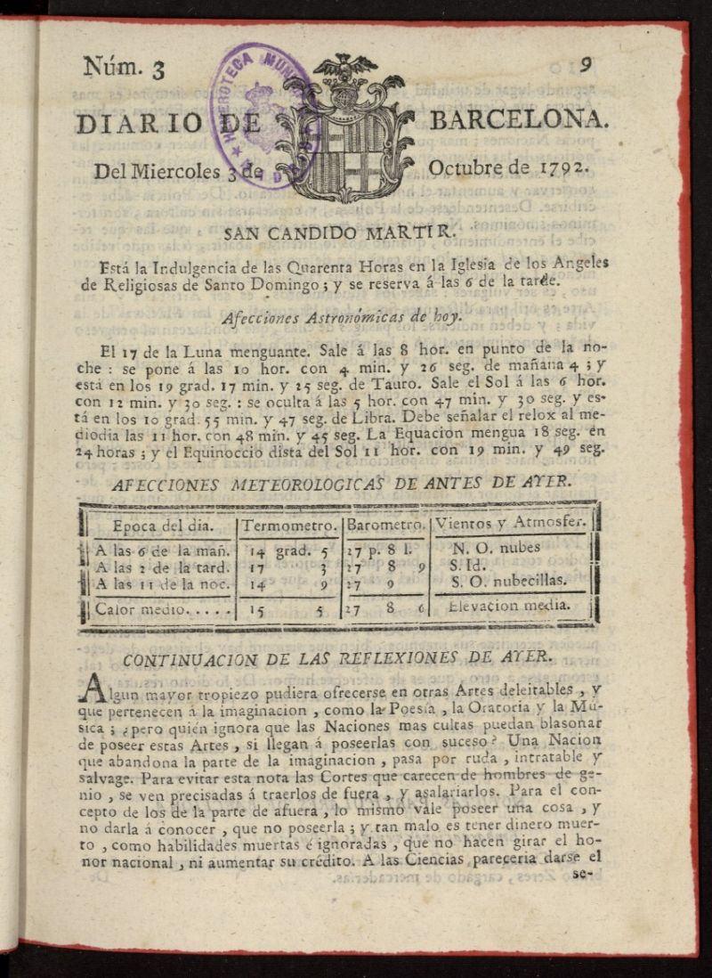Diario de Barcelona del 3 de octubre de 1792, nº 3