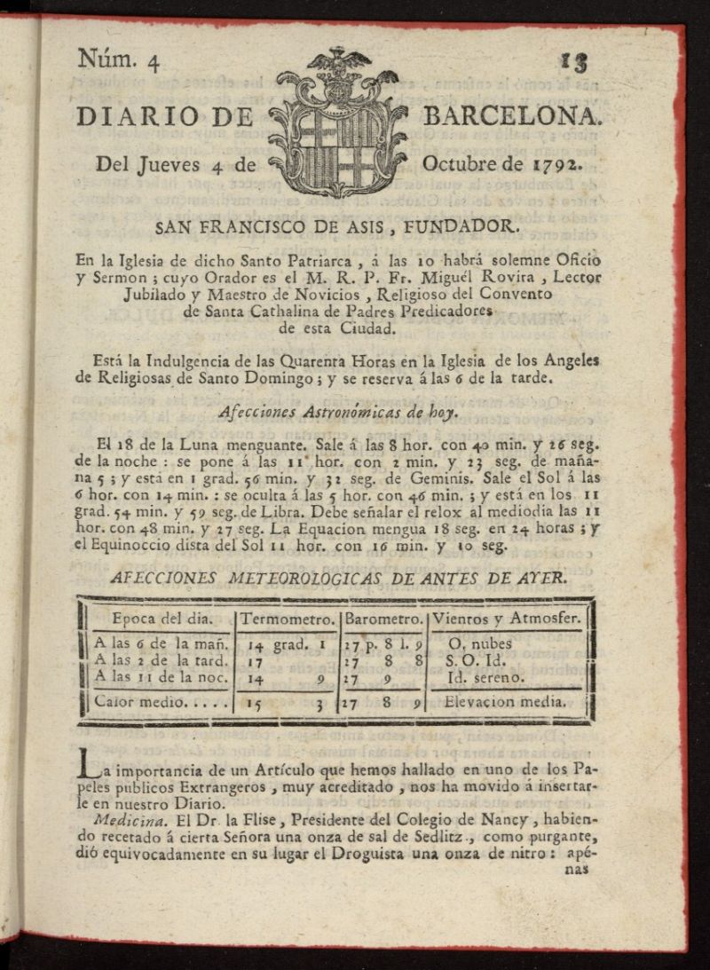 Diario de Barcelona del 4 de octubre de 1792, nº 4