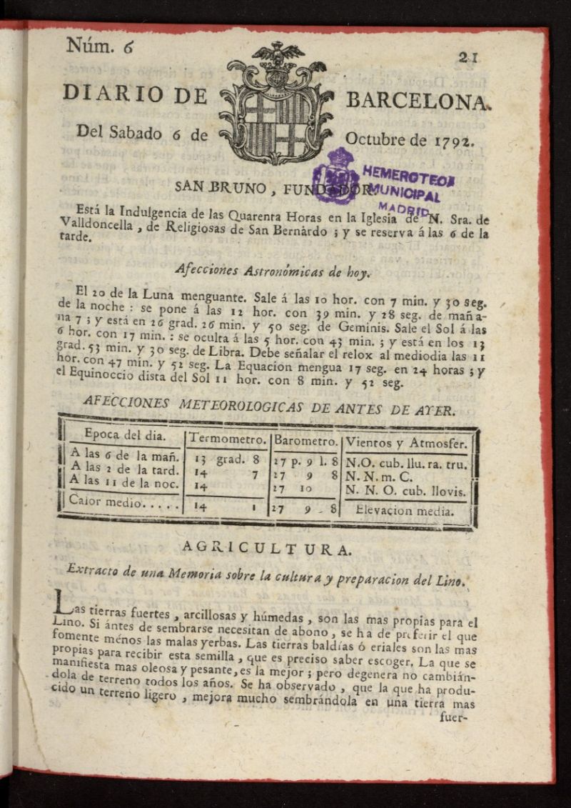 Diario de Barcelona del 6 de octubre de 1792, nº 6