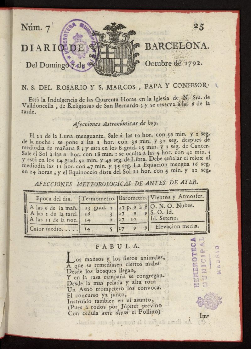 Diario de Barcelona del 7 de octubre de 1792, nº 7