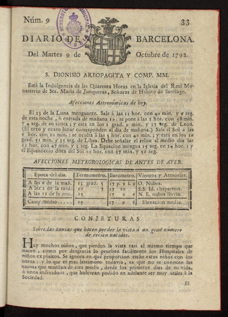 Diario de Barcelona del 9 de octubre de 1792, nº 9