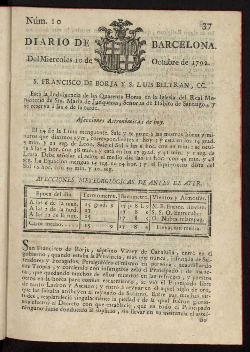 Diario de Barcelona del 10 de octubre de 1792, nº 10