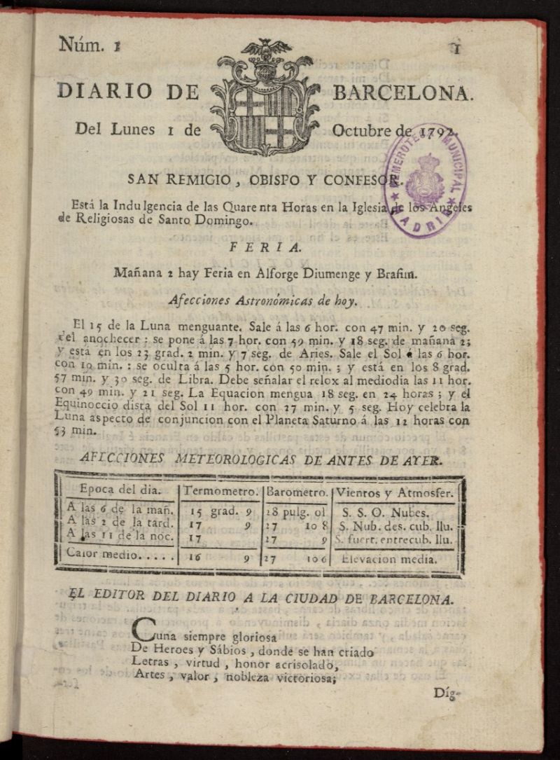 Diario de Barcelona del 1 de octubre de 1792, nº 1