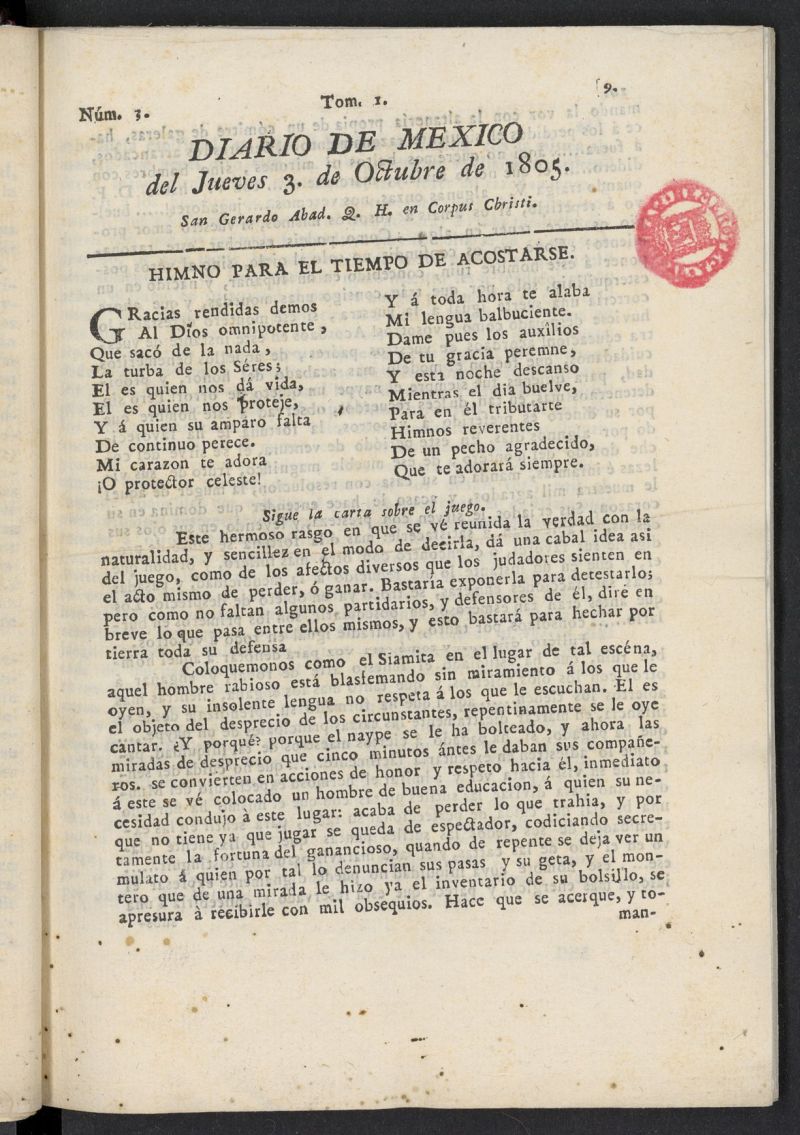 Diario de Mxico del 3 de octubre de 1805, n 3