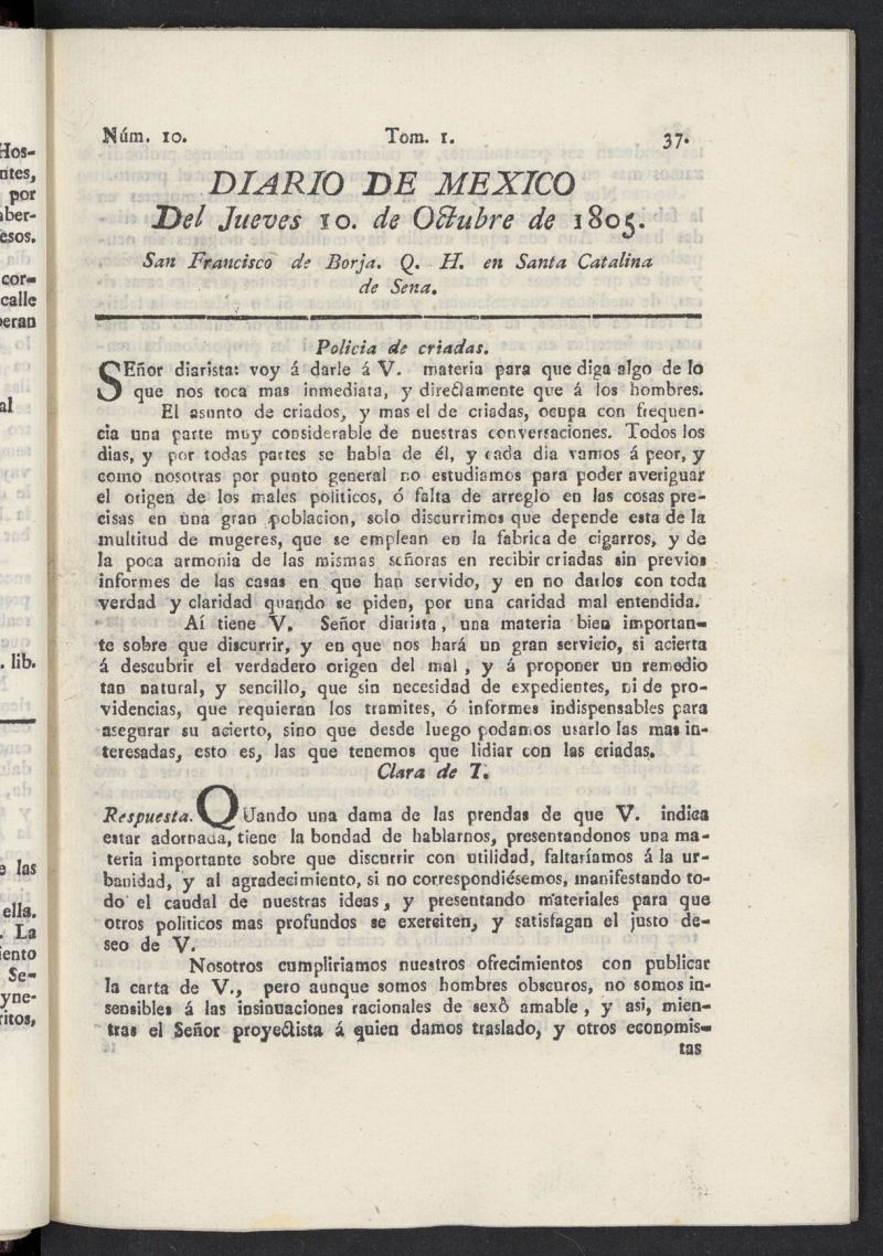 Diario de Mxico del 10 de octubre de 1805, n 10