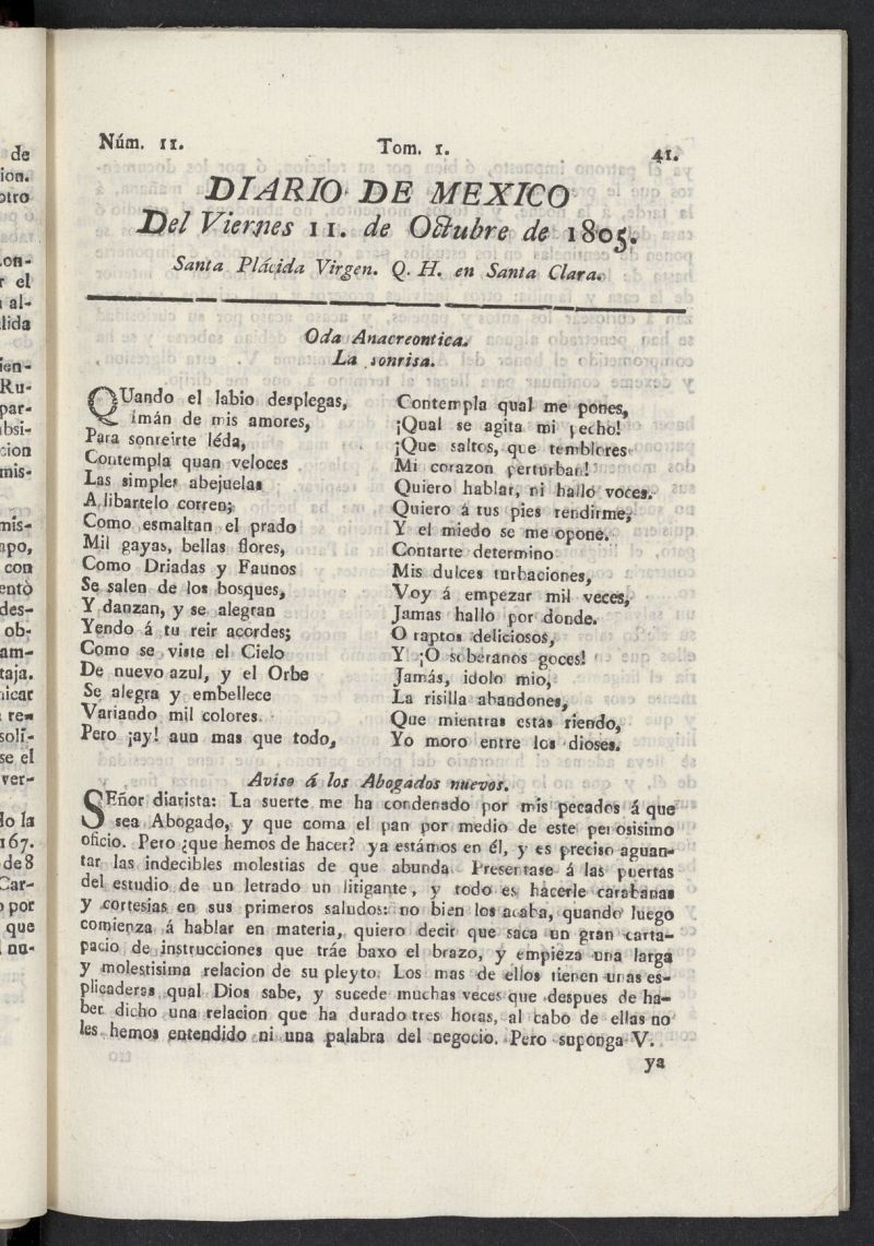 Diario de Mxico del 11 de octubre de 1805, n 11