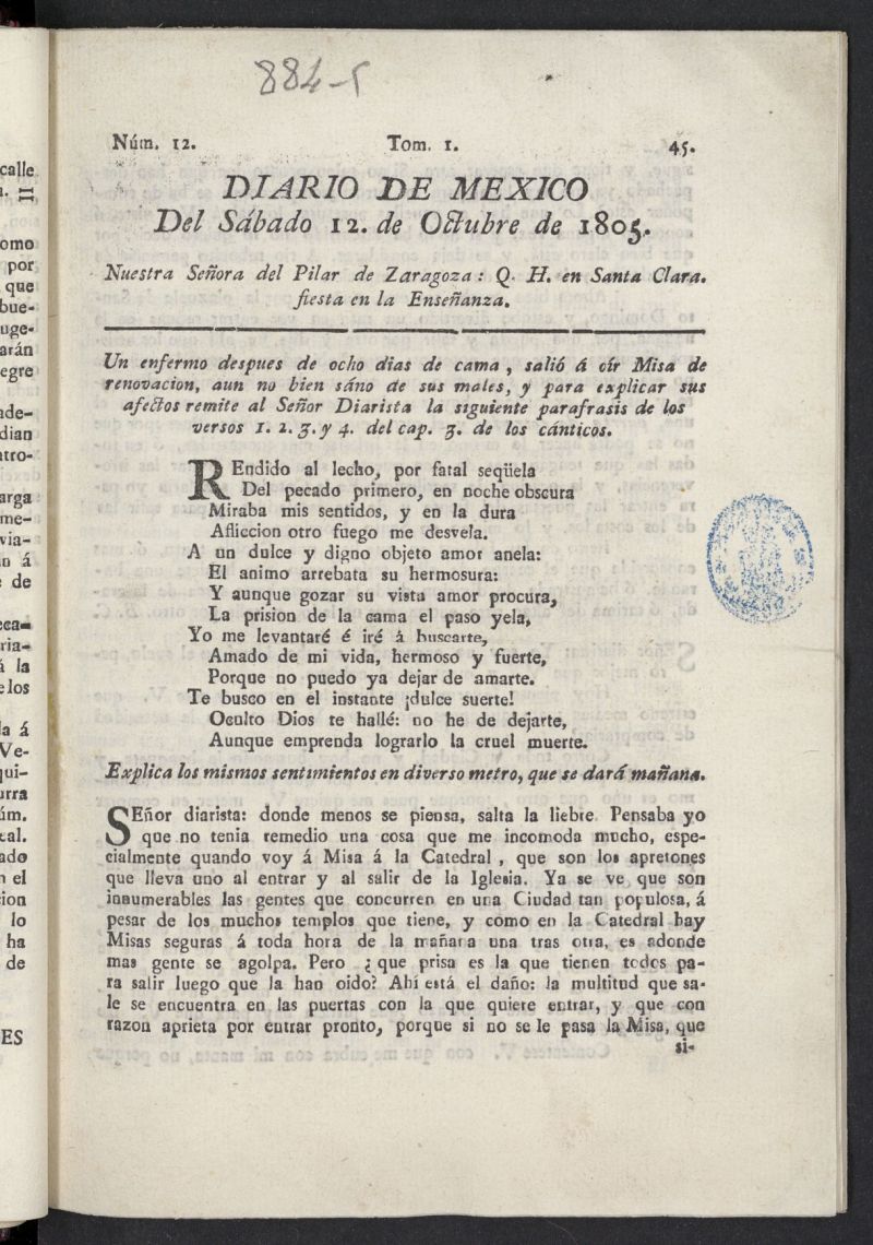 Diario de Mxico del 12 de octubre de 1805, n 12